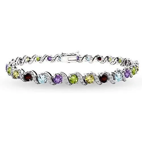 Sterling Silver Genuine, Created or Simulated Gemstone Round S Design Tennis Bracelet Sterling Silver Genuine, Created or Simulated Gemstone Round S Design Tennis Bracelet