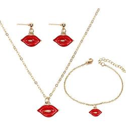 Red Lip Necklace Pendant Mouth Kiss Lips Bracelet Lip Dangle Stud Earrings Set for Women Girls Personalized Creative Fashion Jewelry