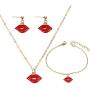 Red Lip Necklace Pendant Mouth Kiss Lips Bracelet Lip Dangle Stud Earrings Set for Women Girls Personalized Creative Fashion Jewelry