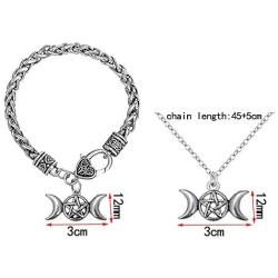 RUIZHEN Vintage Pagan Triple Moon Goddess Pentacle Pentagram Metal Amulet Wheat Chain Bracelet Necklace Jewelry Set for Women Men