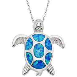 Sterling Silver Gold Tone or Rose Tone Created Blue or Pink Opal Nautical Sea Turtle 18'' Pendant Necklace