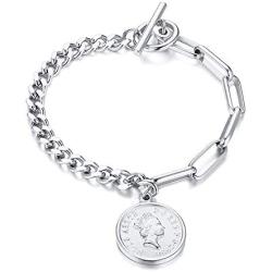 Fashion Link Charm Coin Bracelet for Women Girls Stainless Steel Asymmetrical Toggle Chain Queen Elizabeth Goddess Worship Celebrity Medallion Keepsake Dainty Jewelry Gifts