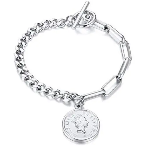 Fashion Link Charm Coin Bracelet for Women Girls Stainless Steel Asymmetrical Toggle Chain Queen Elizabeth Goddess Worship Celebrity Medallion Keepsake Dainty Jewelry Gifts