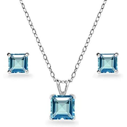GemStar USA Sterling Silver London or Swiss Blue Topaz Square Solitaire Necklace and Stud Earrings Set