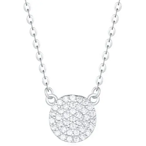 Carleen 18K White Gold Plated 925 Sterling Silver Round CZ Cubic Zirconia Paved Disc Dainty Pendant Necklace for Women Girls 16''+2'' extender Silver Chain