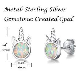 FANCIME Sterling Silver Cat/Unicorn/Elephant Stud Earrings Created Fire Opal Cute Animal Mini Tiny Dot Small Round Disc Fine Jewelry for Women Girls