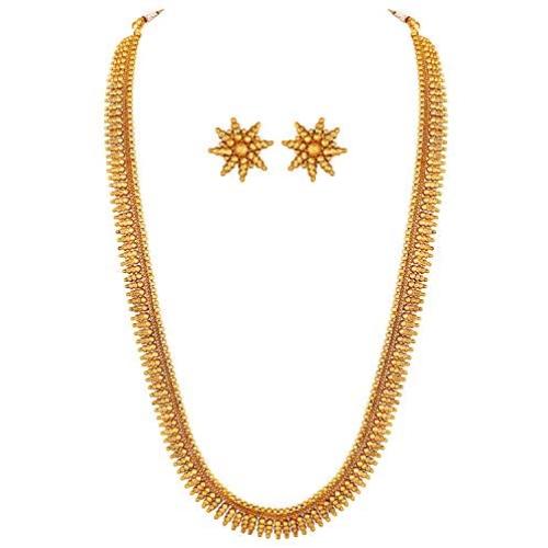 Aheli Bollywood Traditional Gold Tone Long Necklace Earrings Jewelry Set for Women Wedding Party Ethnic Fashion Wear