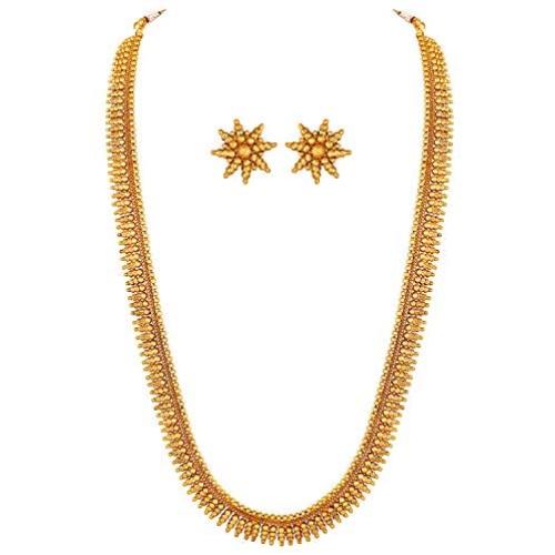 Aheli Bollywood Traditional Gold Tone Long Necklace Earrings Jewelry Set for Women Wedding Party Ethnic Fashion Wear