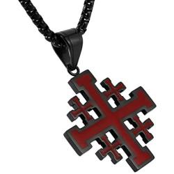 HZMAN Mens Stainless Steel Crusader Jerusalem Cross Pendant Necklace with 22+2 Inches Chain