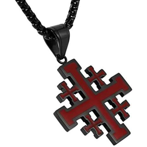 HZMAN Mens Stainless Steel Crusader Jerusalem Cross Pendant Necklace with 22+2 Inches Chain