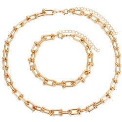 Link Chain Necklace Bracelets for Women Punk U Shape Chain Choker Necklace Statement Adjustable Link Bracelet Minimalist Party Jewelry Set