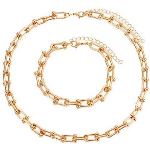 Link Chain Necklace Bracelets for Women Punk U Shape Chain Choker Necklace Statement Adjustable Link Bracelet Minimalist Party Jewelry Set