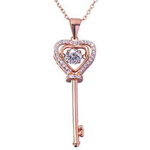 925 Sterling Silver Beating Heart Key Cubic Zirconia Dancing Stone Necklace 18K White Gold Plated Pendant Gift for Women Girls