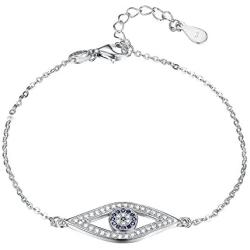 TONGZHE Blue Evil Eye Link Bracelet in Sterling Silver 925 with Cubic Zirconia CZ and 6.5''+1'' Cable Chain