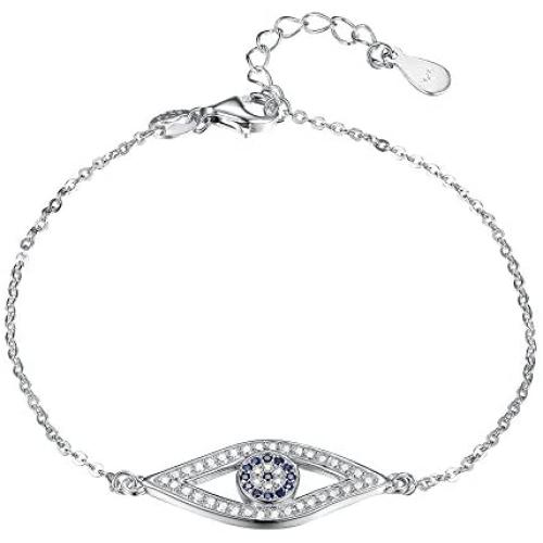 TONGZHE Blue Evil Eye Link Bracelet in Sterling Silver 925 with Cubic Zirconia CZ and 6.5''+1'' Cable Chain