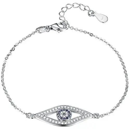 TONGZHE Blue Evil Eye Link Bracelet in Sterling Silver 925 with Cubic Zirconia CZ and 6.5''+1'' Cable Chain TONGZHE Blue Evil Eye Link Bracelet in Sterling Silver 925 with Cubic Zirconia CZ and 6.5''+1'' Cable Chain