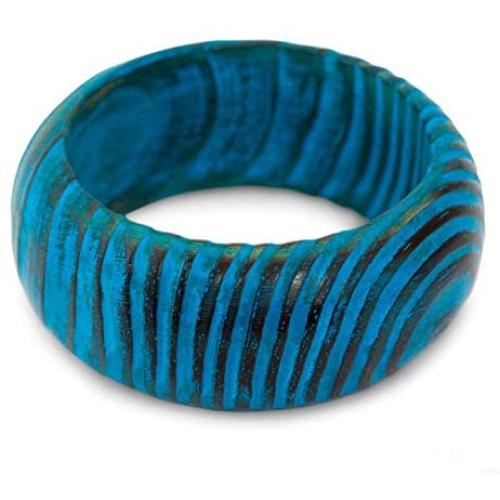 NOVICA Turquoise Blue Wide Mango Wood Bangle Bracelet Hand Painted Ocean Empress, 7.75''