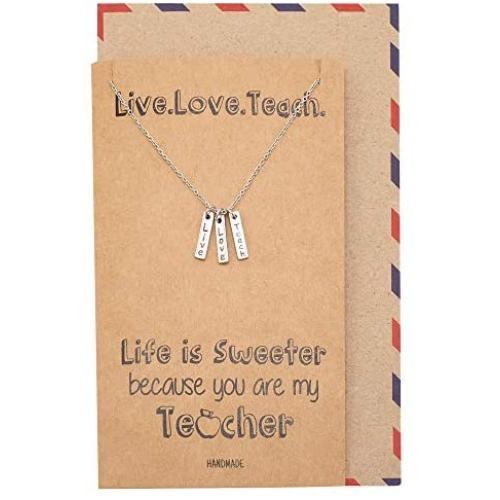 Quan Jewelry Teacher Appreciation Gifts, 3 Bars Pendant with Live, Love, Teach Engraved, Jewelry Necklace Gift for Teachers with Sweet Quote Greeting Card, Silver Tone