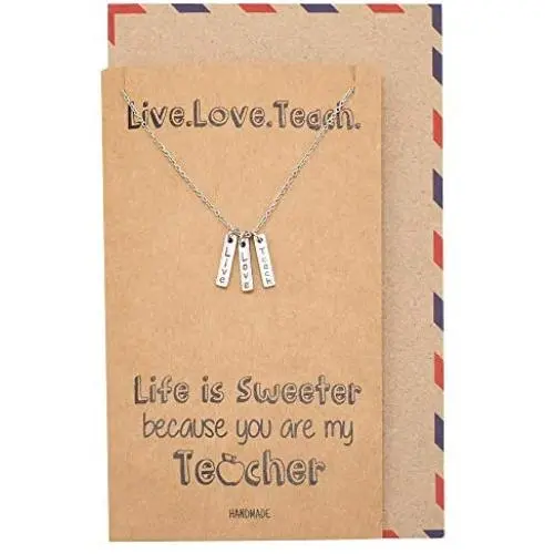 Quan Jewelry Teacher Appreciation Gifts, 3 Bars Pendant with Live, Love, Teach Engraved, Jewelry Necklace Gift for Teachers with Sweet Quote Greeting Card, Silver Tone Quan Jewelry Teacher Appreciation Gifts, 3 Bars Pendant with Live, Love, Teach Engraved, Jewelry Necklace Gift for Teachers with Sweet Quote Greeting Card, Silver Tone