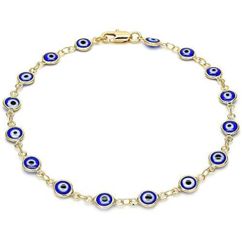 GM Jewelry 18K Womens Gold Plated Blue Evil Eye Bracelet Clasp 10 Inch