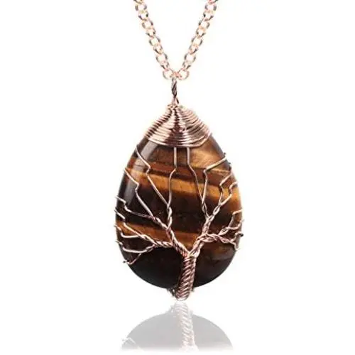 Natural Gemstone Teardrop Pendant Wire Wrapped Tree of Life Necklace Healing Crystals Reiki Chakra Jewelry for Women