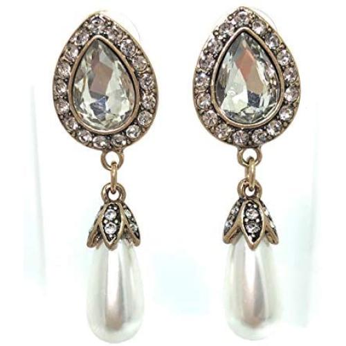 NYI Style Vintage Burnished Gold Crystal Pearl Drop Earring Perfect for Bride, Bridal Party for Rustic Weddings, Mother of the Bride, Mother of Groom or any Special Occasion. NYI Style Vintage Burnished Gold Crystal Pearl Drop Earring Perfect for Bride, Bridal Party for Rustic Weddings, Mother of the Bride, Mother of Groom or any Special Occasion.