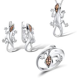 Santuzza 925 Silver Lizard Jewelry Set Ring Earrings Pendant in Black Spinel Champagne Cubic Zirconia Stone