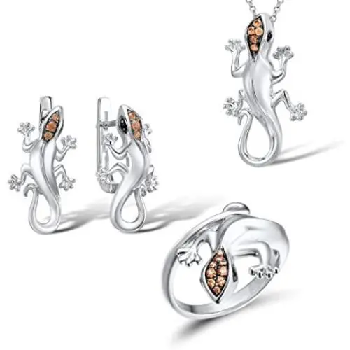 Santuzza 925 Silver Lizard Jewelry Set Ring Earrings Pendant in Black Spinel Champagne Cubic Zirconia Stone Santuzza 925 Silver Lizard Jewelry Set Ring Earrings Pendant in Black Spinel Champagne Cubic Zirconia Stone