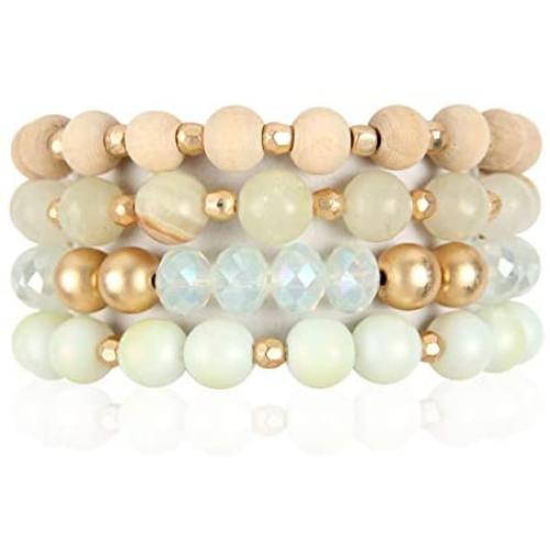 Bohemian Natural Stone Beaded Multi Layer Stacking Statement Bracelets - Sparkly Crystal, Wood, Tassel Charm Stretch Prayer Cuff Bangle Set