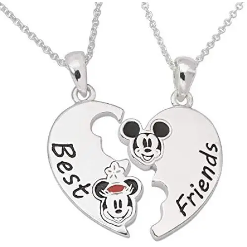 Disney Classic Mickey and Minnie Mouse Jewelry for Women, Silver Plated Brass Best Friends Set of Two Breakaway Pendant Necklaces Disney Classic Mickey and Minnie Mouse Jewelry for Women, Silver Plated Brass Best Friends Set of Two Breakaway Pendant Necklaces