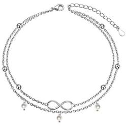 Flyow Anklet for Women S925 Sterling Silver Adjustable Foot Beaded Heart Charm Ankle Bracelet Anklets Jewelry