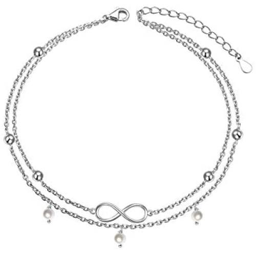 Flyow Anklet for Women S925 Sterling Silver Adjustable Foot Beaded Heart Charm Ankle Bracelet Anklets Jewelry