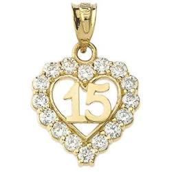 Elegant 10k Yellow Gold Quinceanera Open Heart Charm Pendant Necklace with Cubic Zirconia