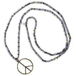 KELITCH Peace Sign Pendant Necklace for Women Men Hand Knotted Crystal Beaded Long Strand Necklace Handmade Gift