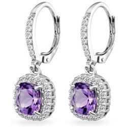 Sterling Silver Genuine or Synthetic Gemstone Cushion-Cut Dangle Halo Leverback Earrings for Women