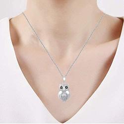 Jewelili Sterling Silver 1/20 Cttw Treated Black and Natural White Round Diamond Owl Pendant Necklace, 18'' Rolo Chain