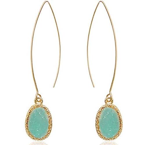 Humble Chic Simulated Druzy Needle Drops - Boho Gold-Tone Threader Upside-Down Long Hoop Dangle Earrings for Women - Created Geode Stone Sparkly Pendants