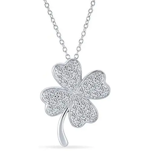 Irish Shamrock Lucky Charm Pave CZ Four Leaf Clover Pendant Necklace For Women For Teen 925 Sterling Silver