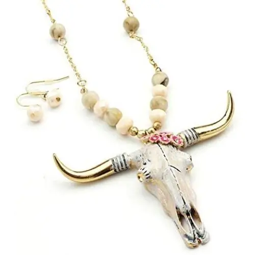 Wyo-Horse Jewelry Steer Skull Pendant with Beaded Chain Necklace and Earring Set Wyo-Horse Jewelry Steer Skull Pendant with Beaded Chain Necklace and Earring Set