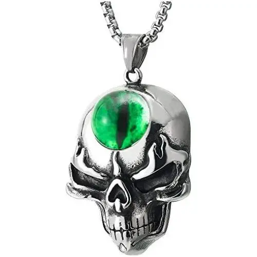 COOLSTEELANDBEYOND Mens Womens Steel Flame Skull Pendant Necklace with Green Resin Bead Evil Eye, 30 in Wheat Chain COOLSTEELANDBEYOND Mens Womens Steel Flame Skull Pendant Necklace with Green Resin Bead Evil Eye, 30 in Wheat Chain