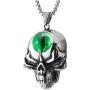 COOLSTEELANDBEYOND Mens Womens Steel Flame Skull Pendant Necklace with Green Resin Bead Evil Eye, 30 in Wheat Chain