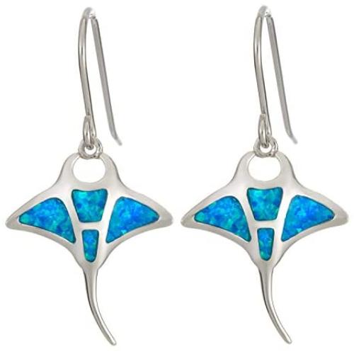Sterling Silver Created Blue Opal Manta Ray Dangle Earrings