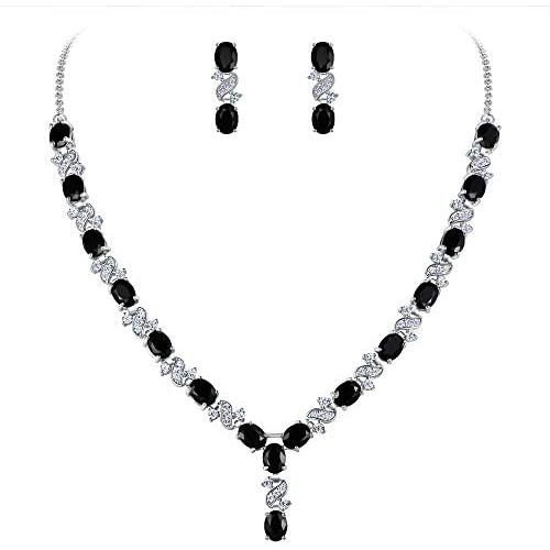 EleQueen Womens Silver-Tone Cubic Zirconia Oval Shape Leaf Necklace Earrings Set for Brides and Weddings