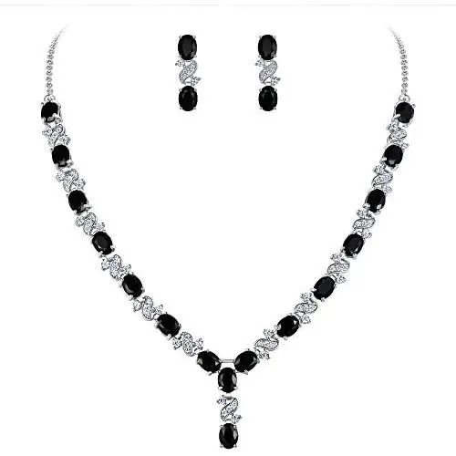EleQueen Womens Silver-Tone Cubic Zirconia Oval Shape Leaf Necklace Earrings Set for Brides and Weddings