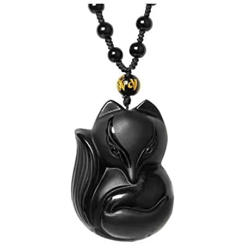 JOVIVI Natural Black Obsidian Fox Necklace Healing Crystal Gemstone Necklaces Pendant Protection Amulet Charm