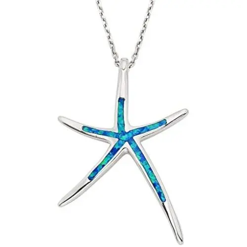 Sterling Silver, Gold Tone or Rose Tone Created Blue, White or Pink Opal Starfish 18'' Pendant Necklace Sterling Silver, Gold Tone or Rose Tone Created Blue, White or Pink Opal Starfish 18'' Pendant Necklace