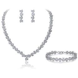 EVER FAITH Leaf Lace Full Pave Cubic Zirconia Wedding Necklace Bracelet Earrings Jewelry Set Silver-Tone