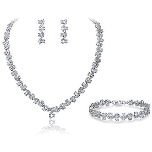 EVER FAITH Leaf Lace Full Pave Cubic Zirconia Wedding Necklace Bracelet Earrings Jewelry Set Silver-Tone