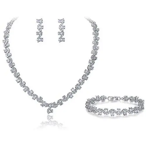 EVER FAITH Leaf Lace Full Pave Cubic Zirconia Wedding Necklace Bracelet Earrings Jewelry Set Silver-Tone