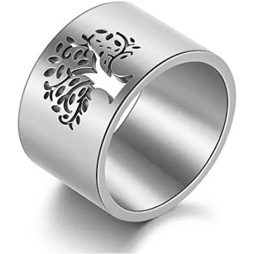 N-A 316L Stainless Steel Tree of Life Rings for Women 14 mm Wide Wisdom Tree Party/Wedding/Gift Rings Finger Ring Jewelry